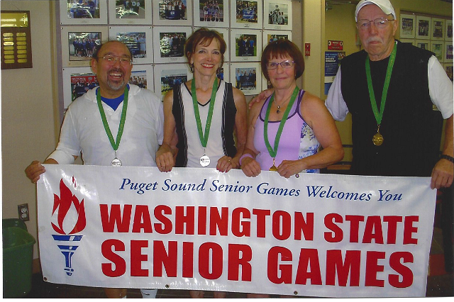 Mixed doubles partners:  Steve Kono and Carol Bishop from North Seattle (left) and Tom Anderson and Starr Horner  from Elma